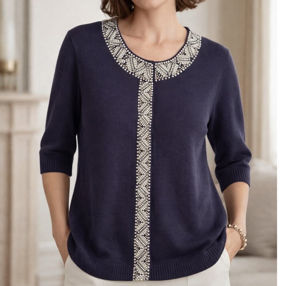 ISSAC MIZRAHI Navy Blue Snap Button Beaded Cardigan 100% Cotton Sweater XL